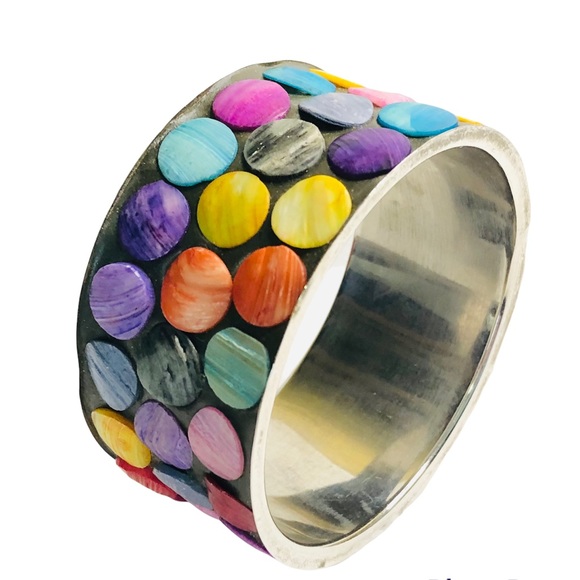 Two Silver Abalone Shell Colorful Inlay Bangle Bracelets - Picture 7 of 16